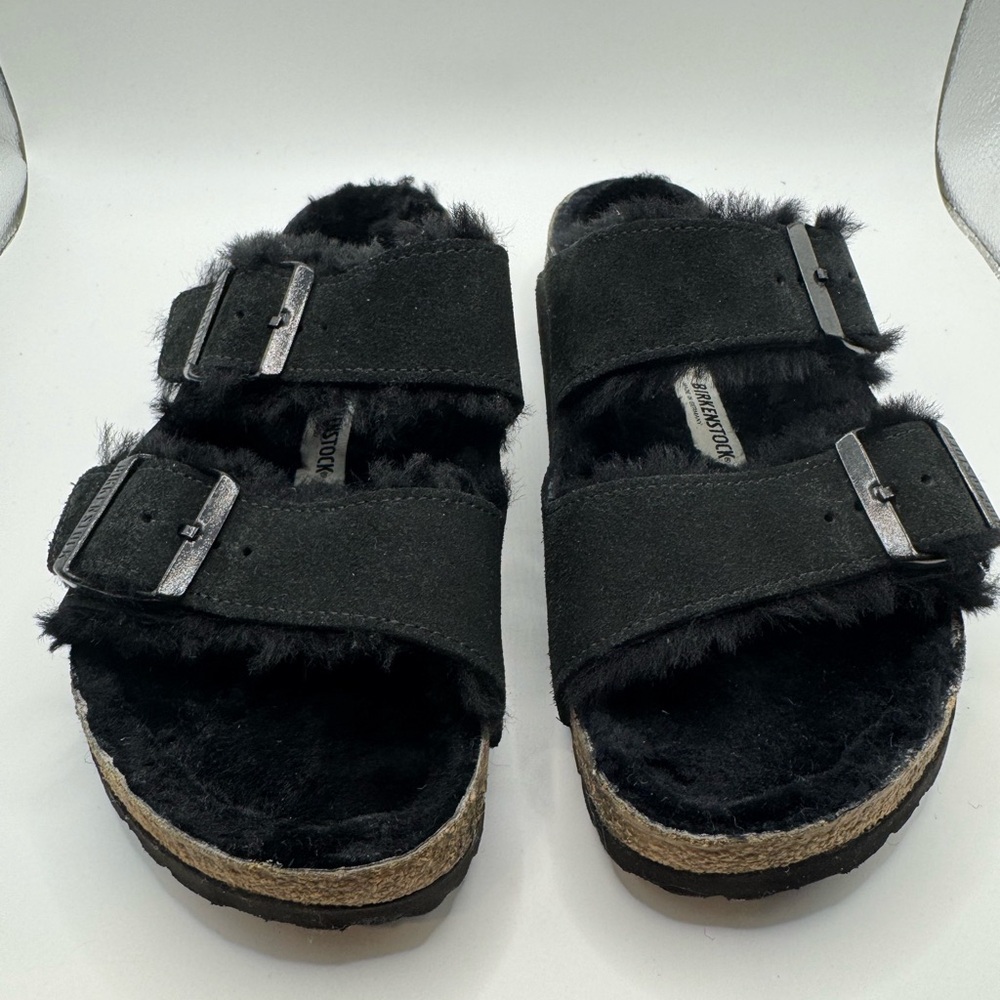 Birkenstock Black Arizona Shearling Suede Leather Sandals 37